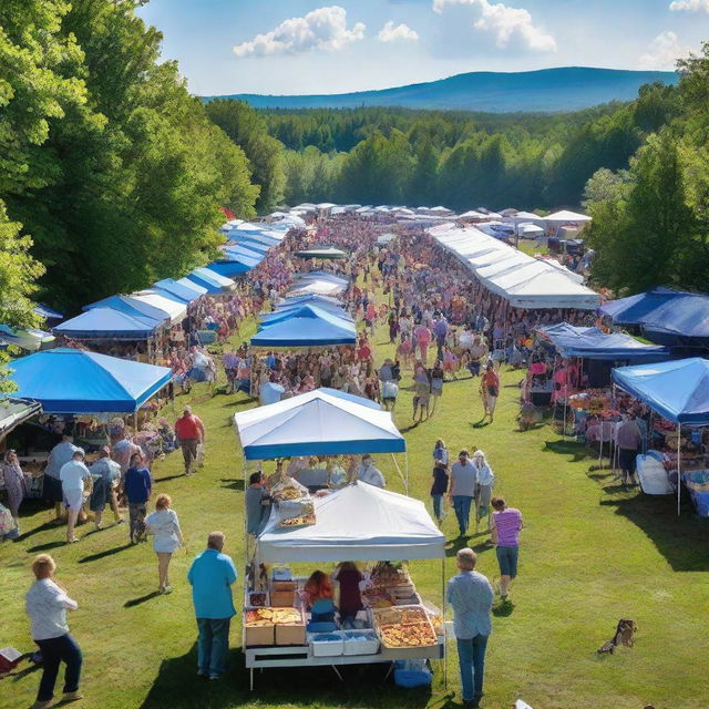 A lively blueberry festival scene under the sunny sky, with stalls selling fresh blueberries, blueberry pastries, and attendees enjoying the event.