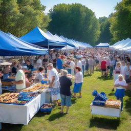 A lively blueberry festival scene under the sunny sky, with stalls selling fresh blueberries, blueberry pastries, and attendees enjoying the event.