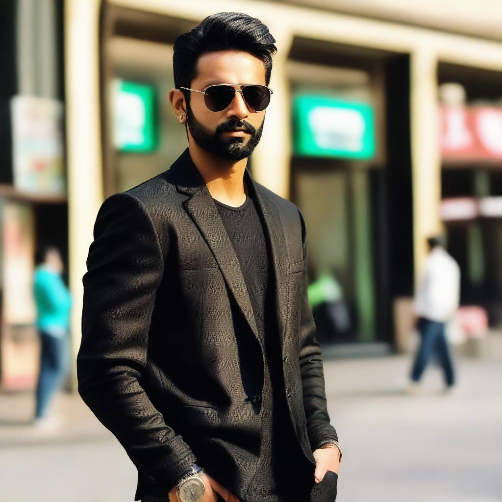 A handsome Indian man with a short beard, wearing a stylish black jacket and trend-setting sunglasses, standing outside a bustling cinema.