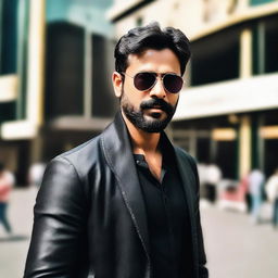 A handsome Indian man with a short beard, wearing a stylish black jacket and trend-setting sunglasses, standing outside a bustling cinema.