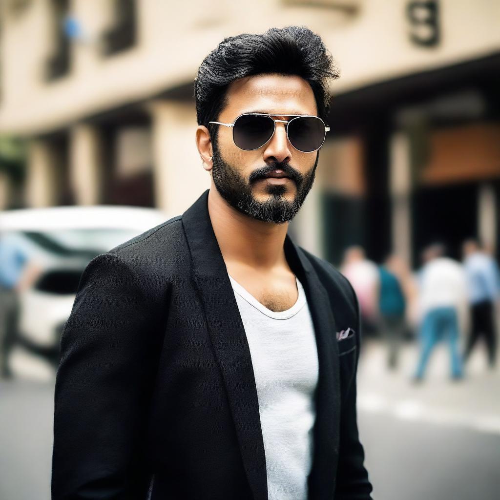 A handsome Indian man with a short beard, wearing a stylish black jacket and trend-setting sunglasses, standing outside a bustling cinema.