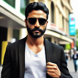 A handsome Indian man with a short beard, wearing a stylish black jacket and trend-setting sunglasses, standing outside a bustling cinema.