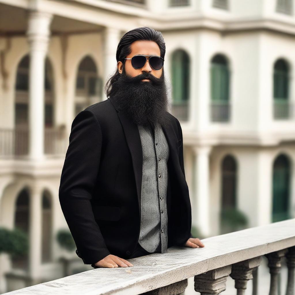 A handsome Indian boy with a long beard, wearing a black jacket and sunglasses, stands on a balcony