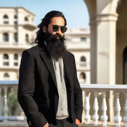 A handsome Indian boy with a long beard, wearing a black jacket and sunglasses, stands on a balcony