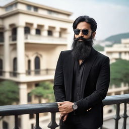 A handsome Indian boy with a long beard, wearing a black jacket and sunglasses, stands on a balcony