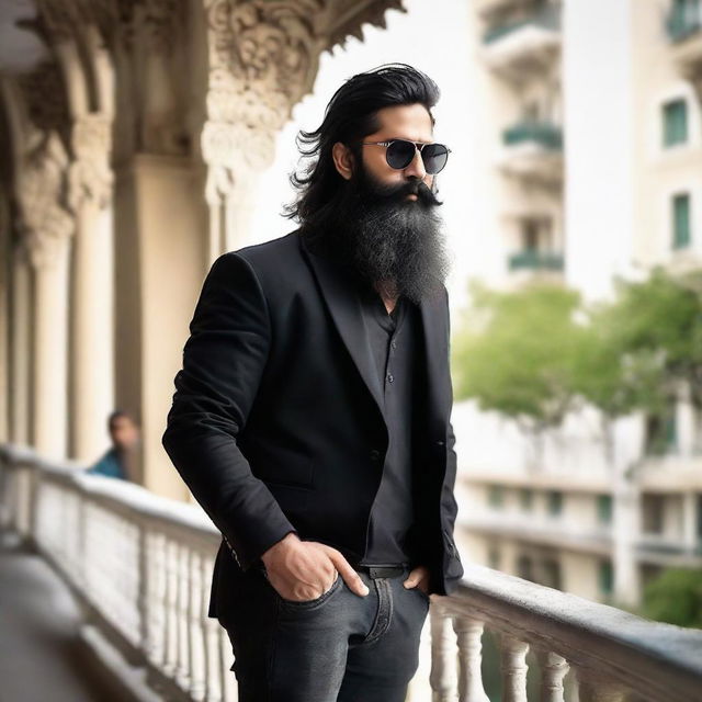 A handsome Indian boy with a long beard, wearing a black jacket and sunglasses, stands on a balcony