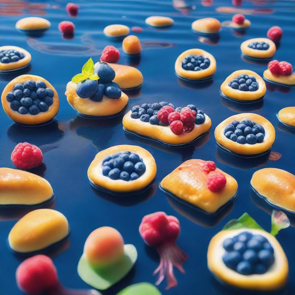 An underwater blueberry festival bursting with vibrant colors. Submerged stalls selling fresh blueberries, blueberry pastries float around, and aquatic creatures engage in the festivities.