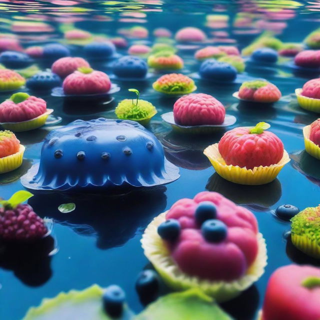 An underwater blueberry festival bursting with vibrant colors. Submerged stalls selling fresh blueberries, blueberry pastries float around, and aquatic creatures engage in the festivities.