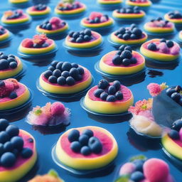 An underwater blueberry festival bursting with vibrant colors. Submerged stalls selling fresh blueberries, blueberry pastries float around, and aquatic creatures engage in the festivities.