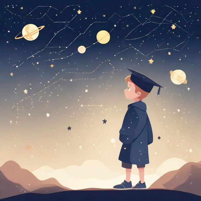 A boy, wearing a graduation cap, looking up at a starry sky including Venus and an astronaut, contemplating his future in machine learning. Include machine learning symbols subtly to underline his career aspirations.