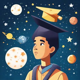 A boy, wearing a graduation cap, looking up at a starry sky including Venus and an astronaut, contemplating his future in machine learning. Include machine learning symbols subtly to underline his career aspirations.