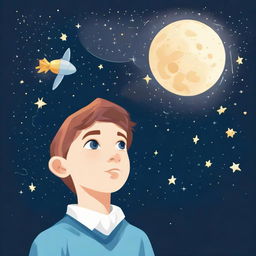 A boy, wearing a graduation cap, looking up at a starry sky including Venus and an astronaut, contemplating his future in machine learning. Include machine learning symbols subtly to underline his career aspirations.