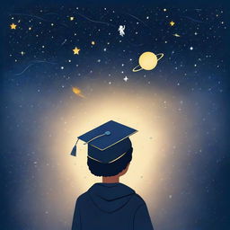 A boy, wearing a graduation cap, looking up at a starry sky including Venus and an astronaut, contemplating his future in machine learning. Include machine learning symbols subtly to underline his career aspirations.