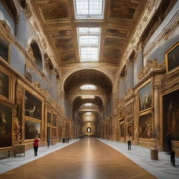 A grand museum hall overflowing with a wide spectrum of spectacular paintings