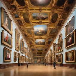 A grand museum hall overflowing with a wide spectrum of spectacular paintings