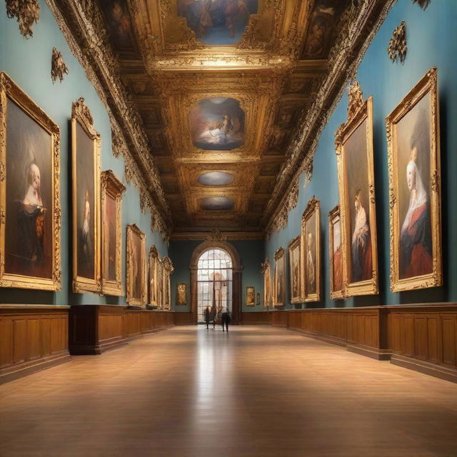 A grand museum hall overflowing with a wide spectrum of spectacular paintings