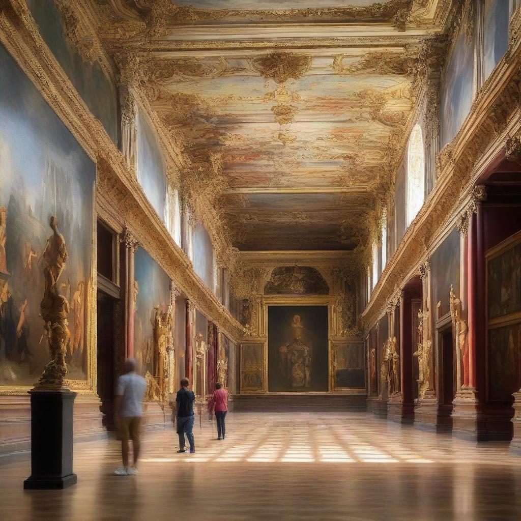 A grand museum hall overflowing with a wide spectrum of spectacular paintings