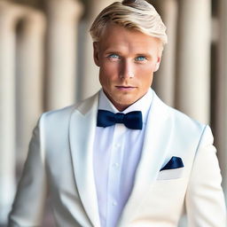 Handsome blonde man with deep blue eyes, dressed in a sharp white tuxedo