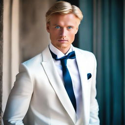 Handsome blonde man with deep blue eyes, dressed in a sharp white tuxedo