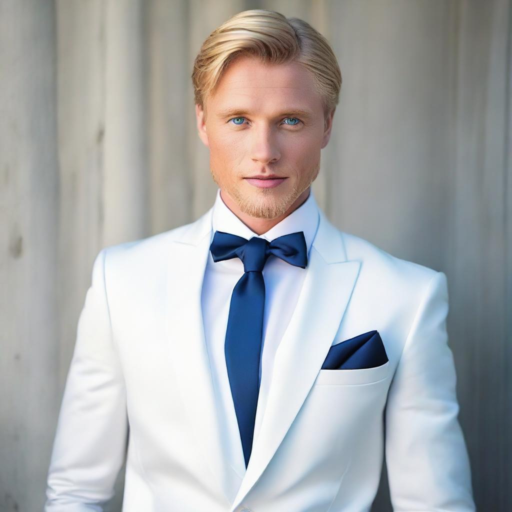 Handsome blonde man with deep blue eyes, dressed in a sharp white tuxedo