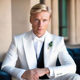 Handsome blonde man with deep blue eyes, dressed in a sharp white tuxedo