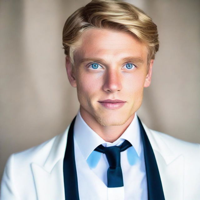 23-year-old blonde man with striking blue eyes, immaculately dressed in a white tuxedo