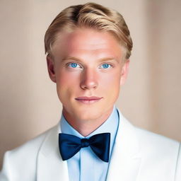 23-year-old blonde man with striking blue eyes, immaculately dressed in a white tuxedo