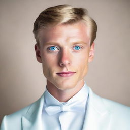 23-year-old blonde man with striking blue eyes, immaculately dressed in a white tuxedo