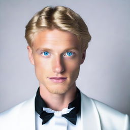 23-year-old blonde man with striking blue eyes, immaculately dressed in a white tuxedo