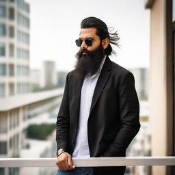 Handsome Indian boy with a long beard, wearing a black jacket and sunglasses, standing casual yet confident on a balcony.