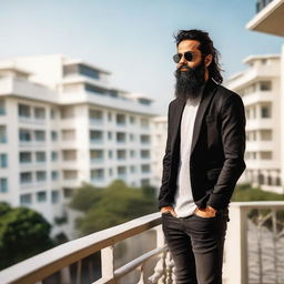 Handsome Indian boy with a long beard, wearing a black jacket and sunglasses, standing casual yet confident on a balcony.