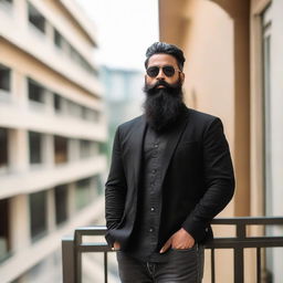 Handsome Indian boy with a long beard, wearing a black jacket and sunglasses, standing casual yet confident on a balcony.