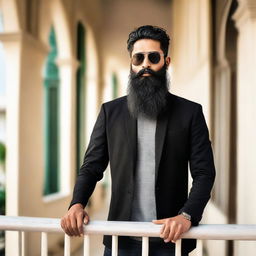 Handsome Indian boy with a long beard, wearing a black jacket and sunglasses, standing casual yet confident on a balcony.