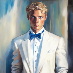 Artistic painting of a 23-year-old blonde man with blue eyes, dressed impeccably in a white tuxedo