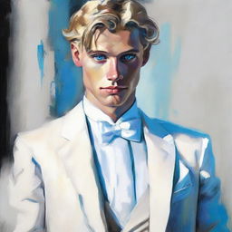 Artistic painting of a 23-year-old blonde man with blue eyes, dressed impeccably in a white tuxedo