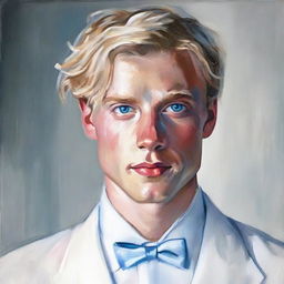 Artistic painting of a 23-year-old blonde man with blue eyes, dressed impeccably in a white tuxedo