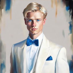 Artistic painting of a 23-year-old blonde man with blue eyes, dressed impeccably in a white tuxedo