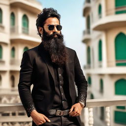 A handsome Indian boy with a long beard, dressed in a black jacket, standing on a balcony while wearing sunglasses. He also has mermaid features.