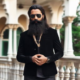 A handsome Indian boy with a long beard, dressed in a black jacket, standing on a balcony while wearing sunglasses. He also has mermaid features.