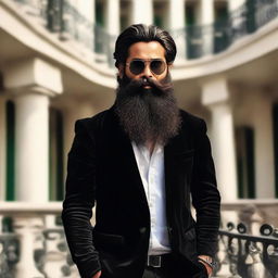 A handsome Indian boy with a long beard, dressed in a black jacket, standing on a balcony while wearing sunglasses. He also has mermaid features.