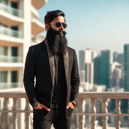 A handsome Indian boy with a long beard, dressed in a black jacket, standing on a balcony while wearing sunglasses. He also has mermaid features.