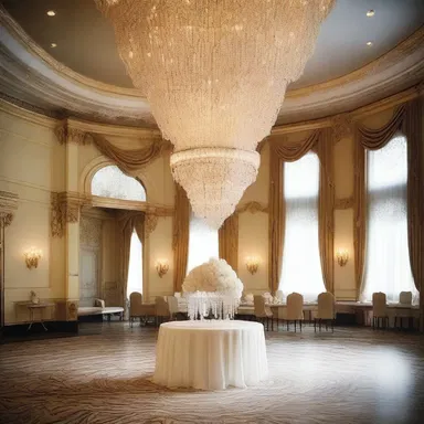 The glass marbles embedded in the grand chandelier added a touch of elegance to the ballroom's design.