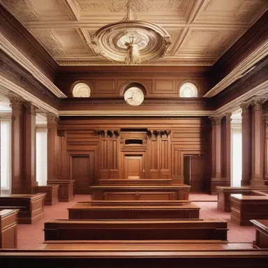 The grand courtroom was designed with architectural elements that conveyed a sense of authority during a bearing false witness trial.