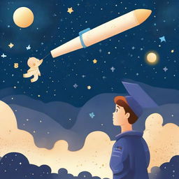 A boy, wearing a graduation cap, looking up at a starry sky including Venus and an astronaut, contemplating his future in machine learning. Include machine learning symbols subtly to underline his career aspirations.