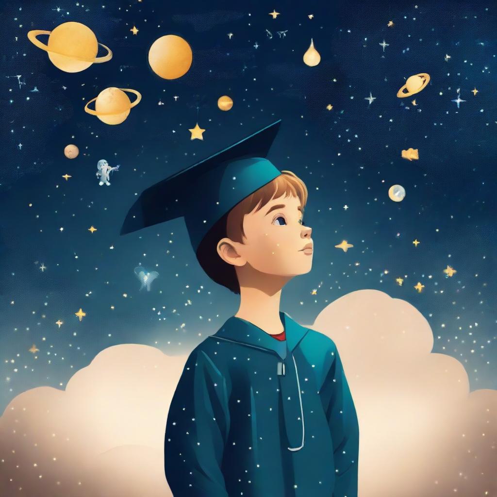 A boy, wearing a graduation cap, looking up at a starry sky including Venus and an astronaut, contemplating his future in machine learning. Include machine learning symbols subtly to underline his career aspirations.