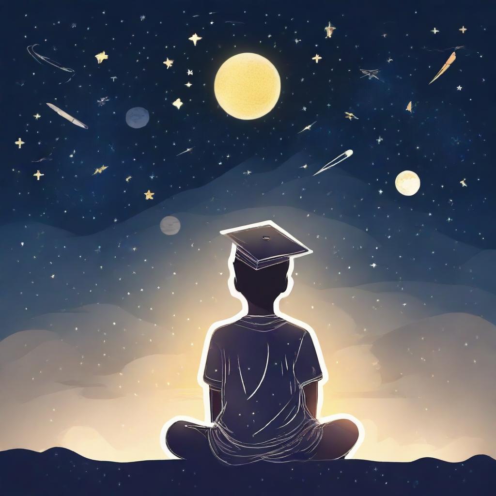 A boy, wearing a graduation cap, looking up at a starry sky including Venus and an astronaut, contemplating his future in machine learning. Include machine learning symbols subtly to underline his career aspirations.