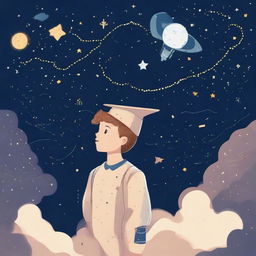 A boy, wearing a graduation cap, looking up at a starry sky including Venus and an astronaut, contemplating his future in machine learning. Include machine learning symbols subtly to underline his career aspirations.