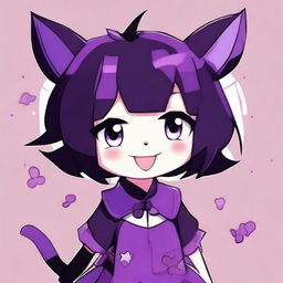 Kuromi, a cute anime character, dressed in various shades of purple. She has a playful grin on her face.