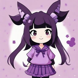 Kuromi, a cute anime character, dressed in various shades of purple. She has a playful grin on her face.