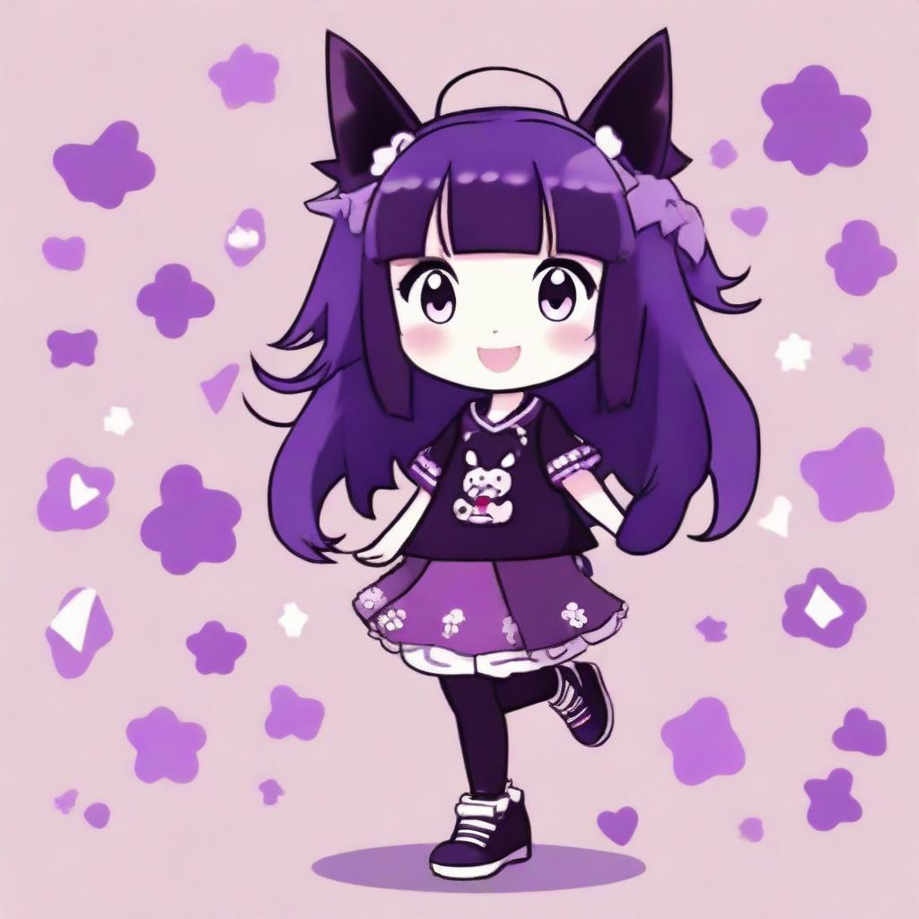 Kuromi, a cute anime character, dressed in various shades of purple. She has a playful grin on her face.